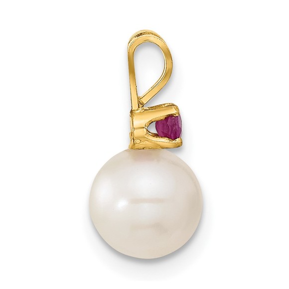 14k Yellow Gold 7-8mm White FWC Pearl & Ruby Stud Earrings Necklace Pendant Set - Picture 2 of 5